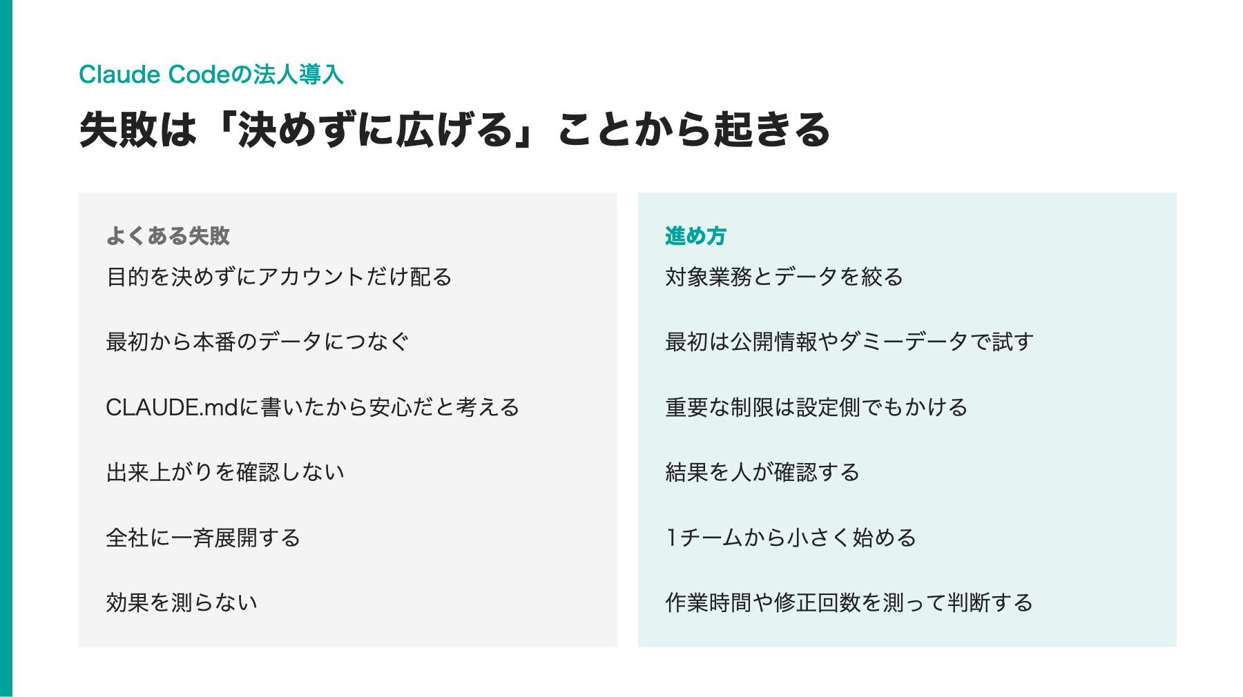 よくある失敗と、それを避ける進め方の対比